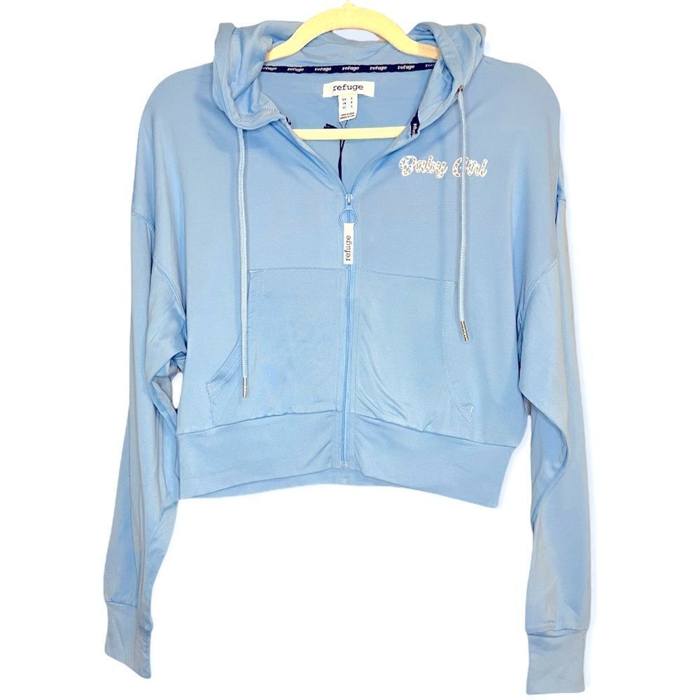 Refuge Women’s Baby Blue Zip Up “Baby Girl” Crop Hoodie Sizes S-L